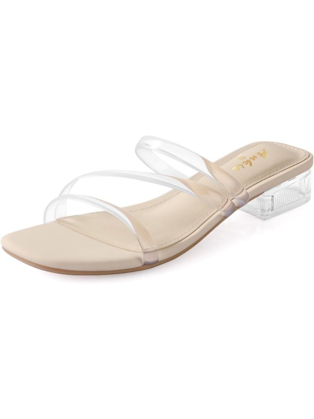 Women's Clear Square Open Toe Slip On 1 Inch Low Chunky Block Heeled Sandals